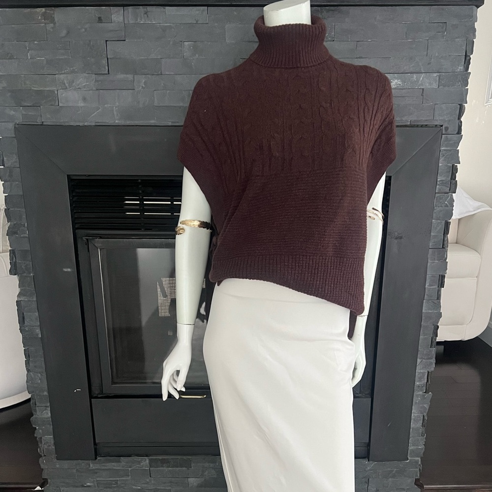 Brown Cable Knit Turtleneck Poncho Sweater SideTie Knit Cape Fall Layering Piece